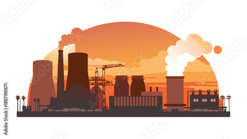 Industrial landscape silhouette of a factory with large cooling towers and smoke stacks against a sunset sky, heavy industry concept