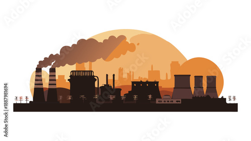 Industrial landscape silhouette of a factory with large cooling towers and smoke stacks against a sunset sky, heavy industry concept