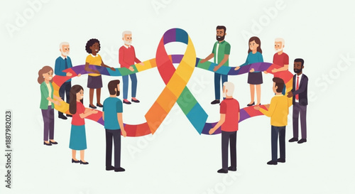 Diverse people holding hands around a large rainbow awareness ribbon symbol