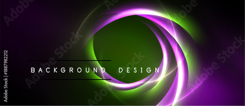 Abstract background features vibrant purple, green glows. Circular shapes create dynamic visual effect. Dark backdrop enhances luminosity.