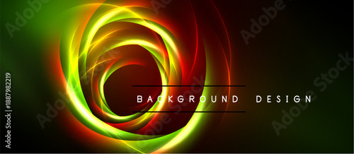 Abstract swirls, vibrant colors blend. Dynamic energy radiates from central point. Dark background enhances luminosity. Modern design element.