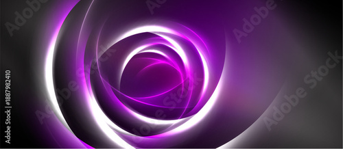 Abstract swirls, vibrant purple hues, glowing lines create dynamic circular pattern. Dark background emphasizes luminosity.