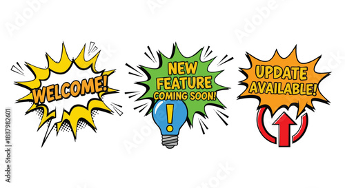 Vibrant pop art communication icons on a clean white backdrop for digital content updates