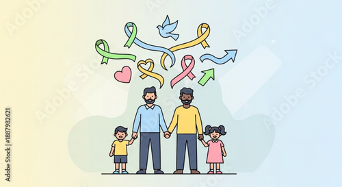 Diverse family with two fathers and two kids surrounded by colorful awareness ribbons and symbols of love and support