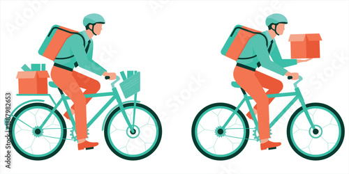 Professional delivery man riding bicycle with delivery bag for eco friendly courier service vector illustration. Online food and ecommerce delivery by bicycle courier carrying package vector design.