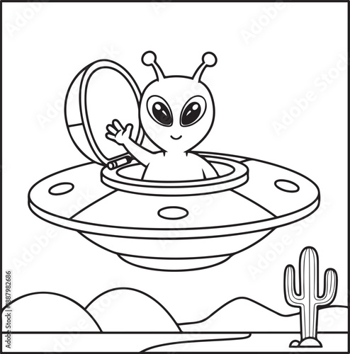 A funny cartoon illustration of a baby alien sitting in a UFO shaped like a hot soup bowl, designed as a vector icon featuring a cute animal dish with a fun cup symbol