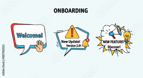 Digital onboarding process and application update notifications on a light blue background representing user interaction elements for web and mobile