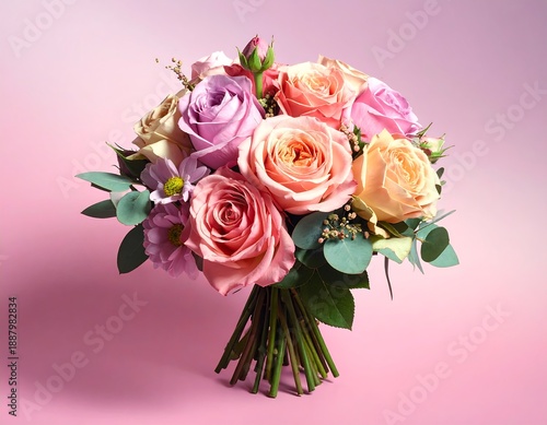 A vibrant, close-up shot of a bouquet, roses of varying colors are centrally placed, against a soft pink background