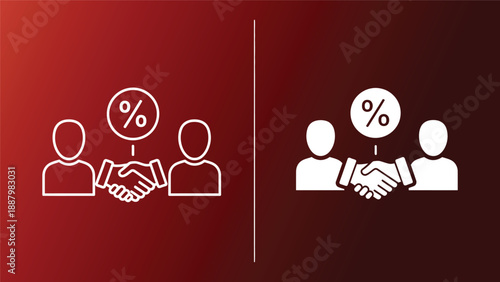 Two minimalist illustrations of handshake agreements between faceless figures with percentage signs symbolizing business deals and partnerships on a dark red gradient background