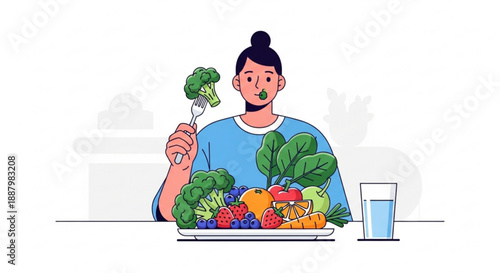 Man eating healthy food with a plate of colorful vegetables and a glass of water