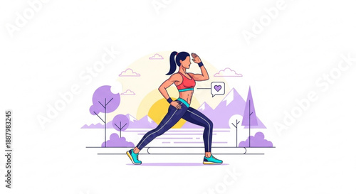 Woman in athletic wear stretching outdoors in a park with purple trees and sunset background