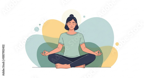 Woman meditating in lotus position with colorful abstract background