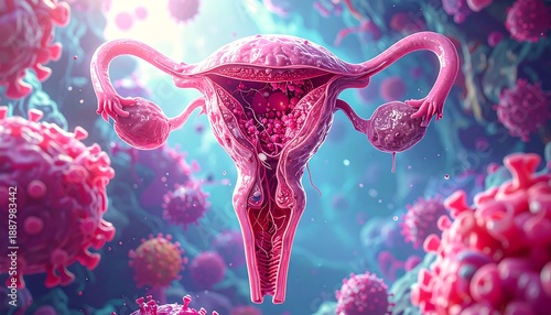 A vibrant, close-up rendering of the female reproductive system amidst various spherical, red cellular elements