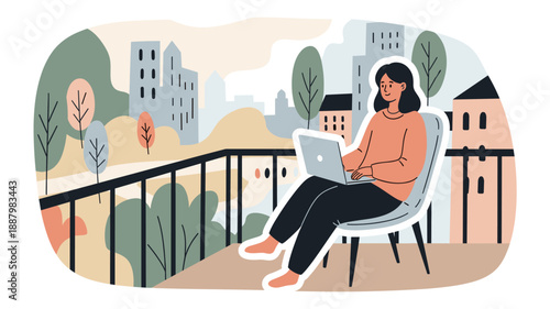 Casual barefoot woman typing on a modern laptop while sitting comfortably on an urban apartment balcony overlooking city park structures, illustrating remote work flexibility and modern