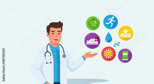 Doctor presenting healthy lifestyle icons for wellness and prevention concepts