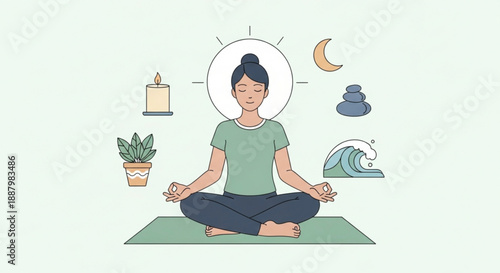 Woman meditating in lotus position with candles plants and moon symbols around her for relaxation and mindfulness