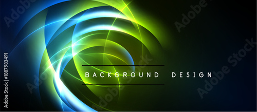 Abstract design features vibrant glowing curves. Blue, green hues blend, creating dynamic visual effect. Dark background emphasizes luminosity.