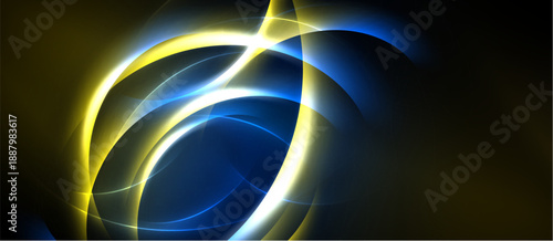 Abstract design features flowing yellow, blue light curves. Dark background emphasizes bright energy, dynamic shapes. Modern, vibrant.