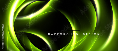 Abstract neon lines create dynamic circular shapes. Dark background emphasizes bright green glow, modern design element.