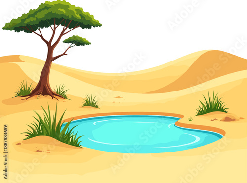 Stylized desert landscape with a small lake surrounded by sand dunes and sparse vegetation. Clean cartoon illustration suitable for backgrounds, games and nature designs