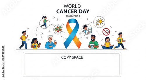 World cancer day awareness illustration with diverse people and ribbon