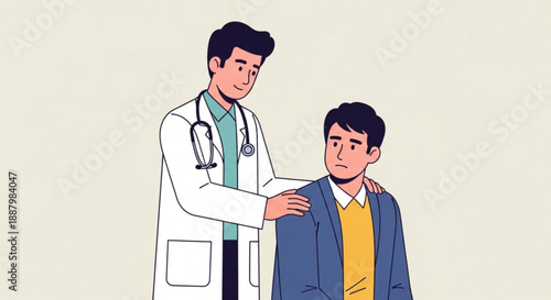 Male doctor comforting a worried young man in a blue jacket