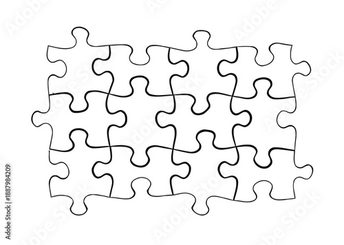 Black-and-white image of a simple rectangular jigsaw puzzle with twelve interlocking pieces. The outline is clear, conveying a sense of completeness.