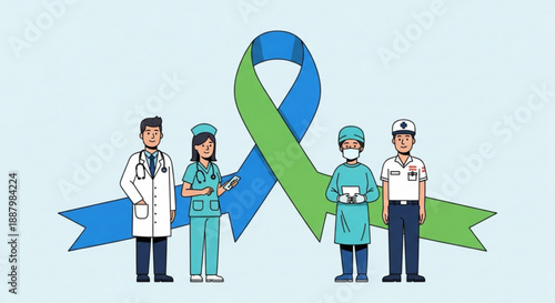 Healthcare professionals standing together with awareness ribbon for support and solidarity