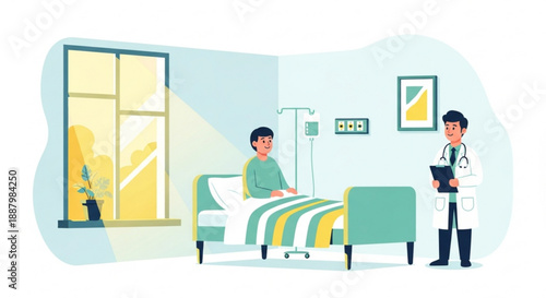 Doctor visiting patient in hospital room with natural light and modern medical equipment