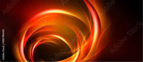 Abstract swirls, vibrant orange hues dominate. Dynamic energy radiates from central point, dark background enhances luminosity.
