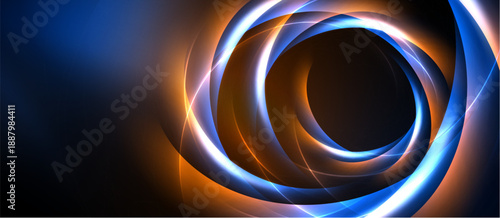 Abstract swirls, vibrant orange, blue hues create dynamic energy. Circular patterns dominate dark background. Modern design element.