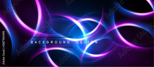 Abstract background features vibrant glowing curves. Blue, purple hues dominate design. Modern aesthetic, dynamic energy present.