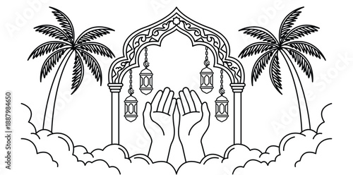 Ramadan Wishes: A captivating illustration that captures the essence of Ramadan. The central focus is the silhouette of hands outstretched in prayer.