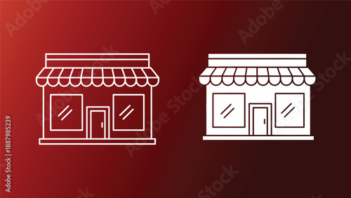 Storefront icons with awnings and glass windows on red background retail business concept simple white line art illustrations