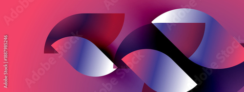 Abstract shapes overlap, creating vibrant gradients. Pink background complements blue, purple hues. Modern design evokes fluidity, motion.