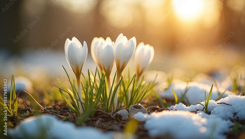 Fototapeta premium White crocuses emerge from snow in soft morning sun. Green grass grows through melting snow patches. Nature awakens, signaling spring transition and new beginnings after winter cold.