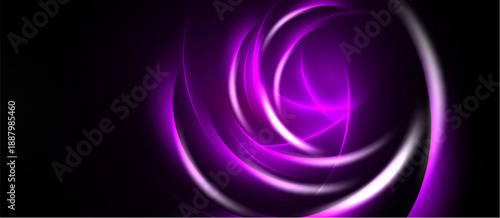 Abstract swirls, vibrant purple hues dominate dark background. Soft glow creates dynamic visual impact. Minimalist design, modern aesthetic.