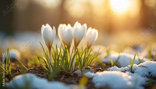 White crocuses emerge from snow in soft morning sun. Green grass grows through melting snow patches. Nature awakens, signaling spring transition and new beginnings after winter cold.