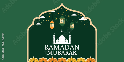 Ramadan Mubarak Celebration: A stylized illustration depicting a mosque silhouette adorned with lanterns and festive elements. The artwork conveys the essence of the holy month.