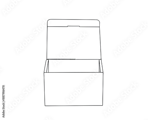 Line drawing of an open box on a white background, depicting a simple, rectangular container with a hinged lid and an empty interior.