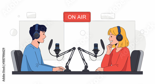 Podcast recording illustration vector, two people wearing headphones discussing at microphones in a studio with ON AIR sign