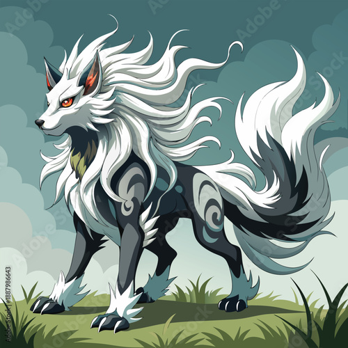A majestic white and black wolf like creature with flowing fur and intense gaze
