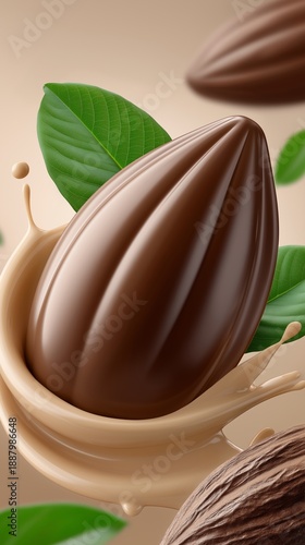 Chocolate Cocoa beans floats on a light beige surface along with green leaves. The photo highlights the natural look of the beans and their surroundings in a direct view.