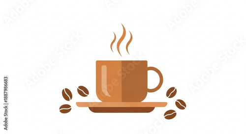 Steaming hot coffee cup on saucer with coffee beans around morning beverage concept