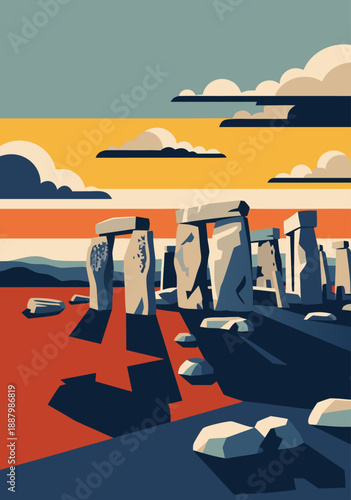 Vector illustration of Stonehenge at sunset with dramatic shadows and colorful sky, a timeless monument of ancient history and mystery