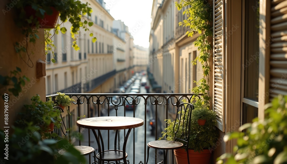 Fototapeta premium Empty balcony with table and chairs overlooks city street. Green plants adorn wrought iron railing. Buildings line both sides of road with parked cars.