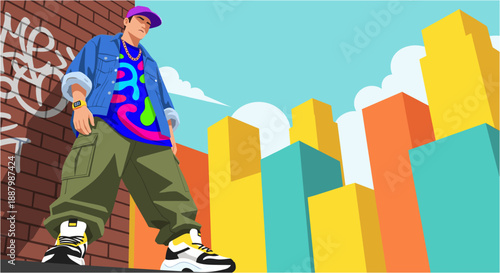 Colorful flat vector illustration of a street style youth standing in an urban city with graffiti and buildings, vibrant modern design for youth culture and lifestyle concepts.