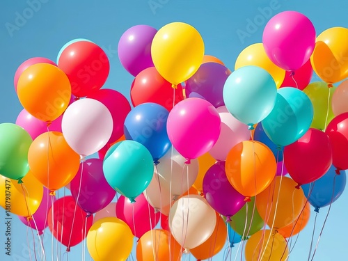A dynamic arrangement of rainbow-colored balloons in motion, suggesting movement and energy, rainbow,  buoyant