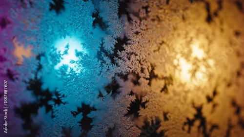 Abstract frost patterns illuminated by vibrant neon light on glass