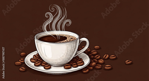 Steaming hot coffee cup on saucer with scattered coffee beans on brown background warm beverage